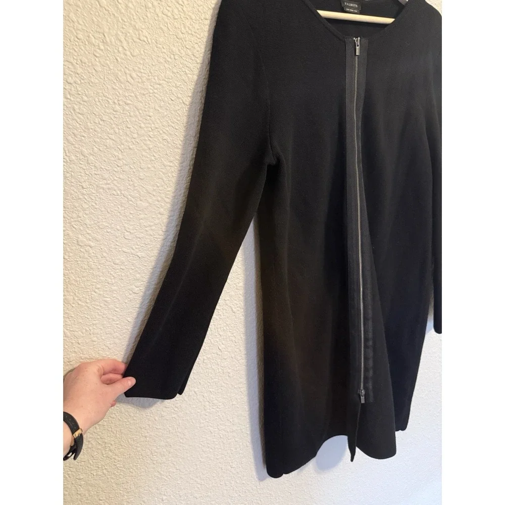 Talbots 100% Wool Long Sweater Tunic Midi Cardigan Jacket Black Full Zip Women L
